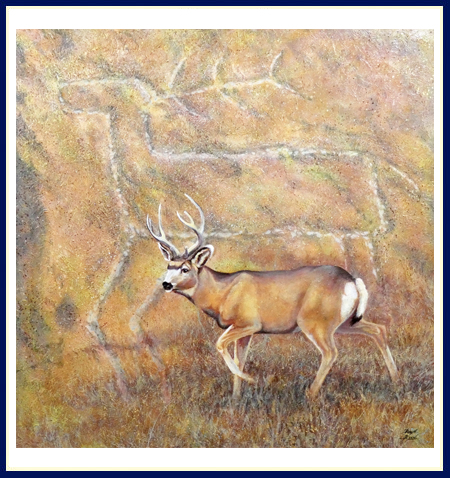 Original Robyn Ryan painting of buck standing in front of petroglyph