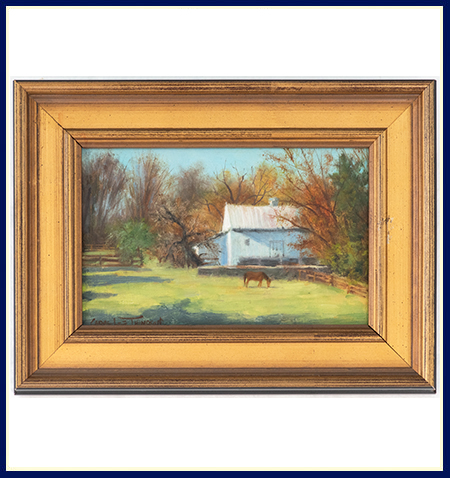 Carol Lee Thompson's original oil painting with a horse and barn in a gold frame