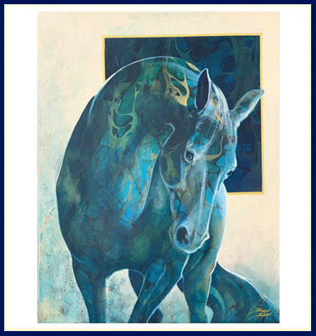 Mixed Media Collage with a horse painted in teal by Robyn Ryan