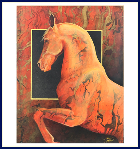 Robyn Ryan Fire Horse Collage in shades of red, orange and yellow