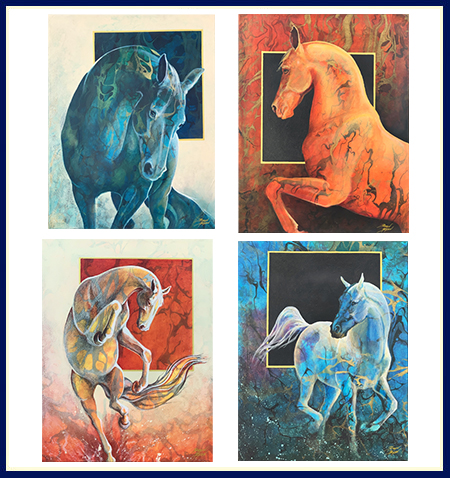 Set of 4 brightly colored original horse paintings by Robyn Ryan