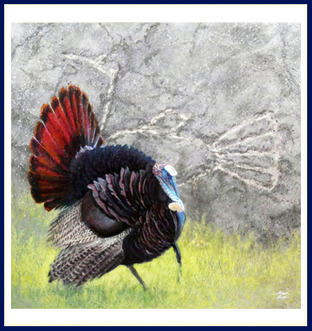 Original Painting by Robyn Ryan with turkey in front of petroglyph 